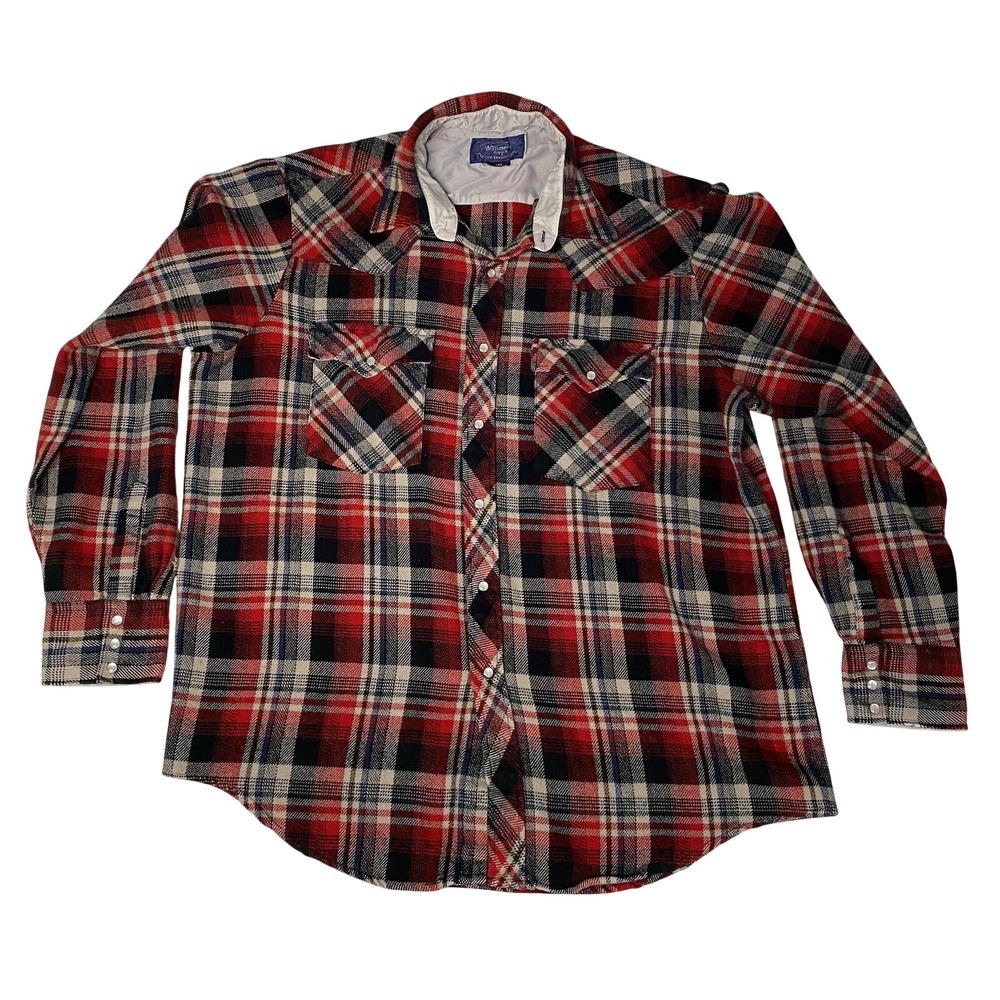 Vintage Williams Bay Western Flannel Shirt XXL‎ Red Plaid Pearl Snap